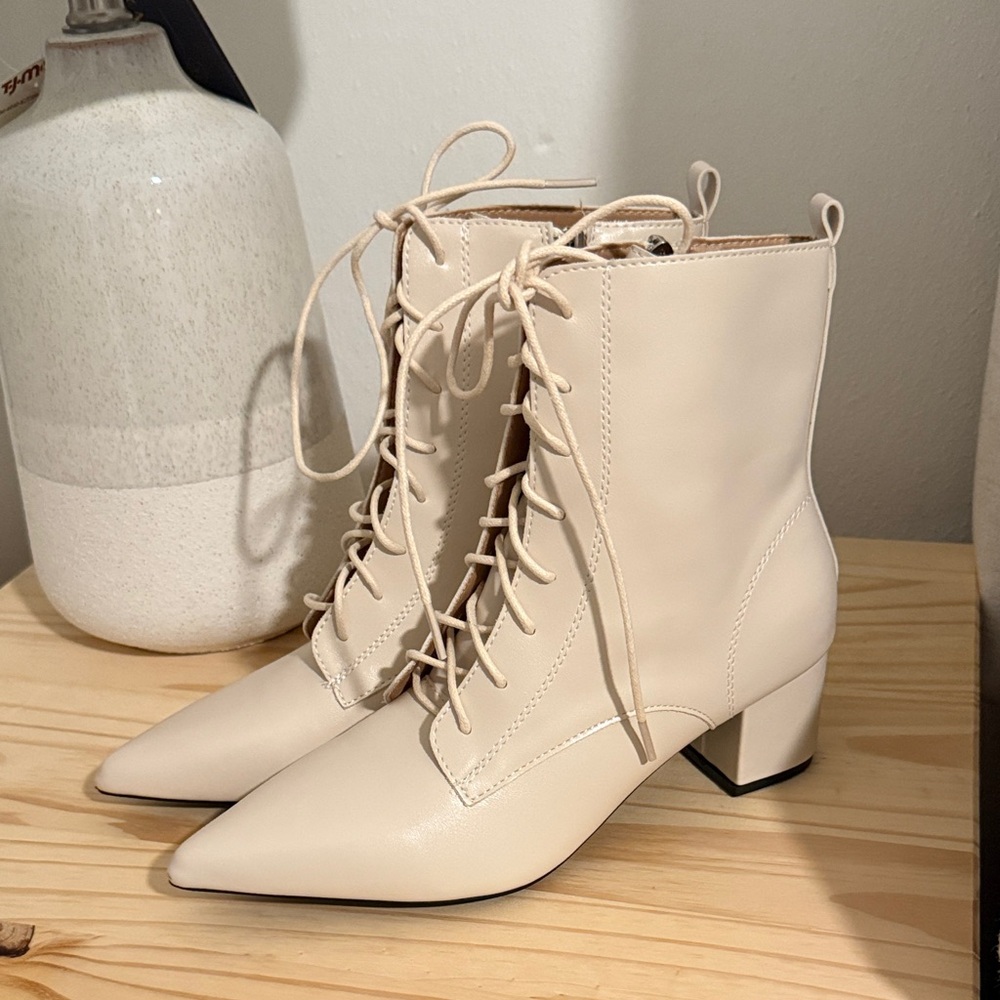 Elegant Cream Lace-Up Ankle Boots
